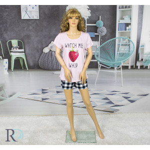 Памучна дамска пижама, лятна, с къси панталонки - Фрути Розова